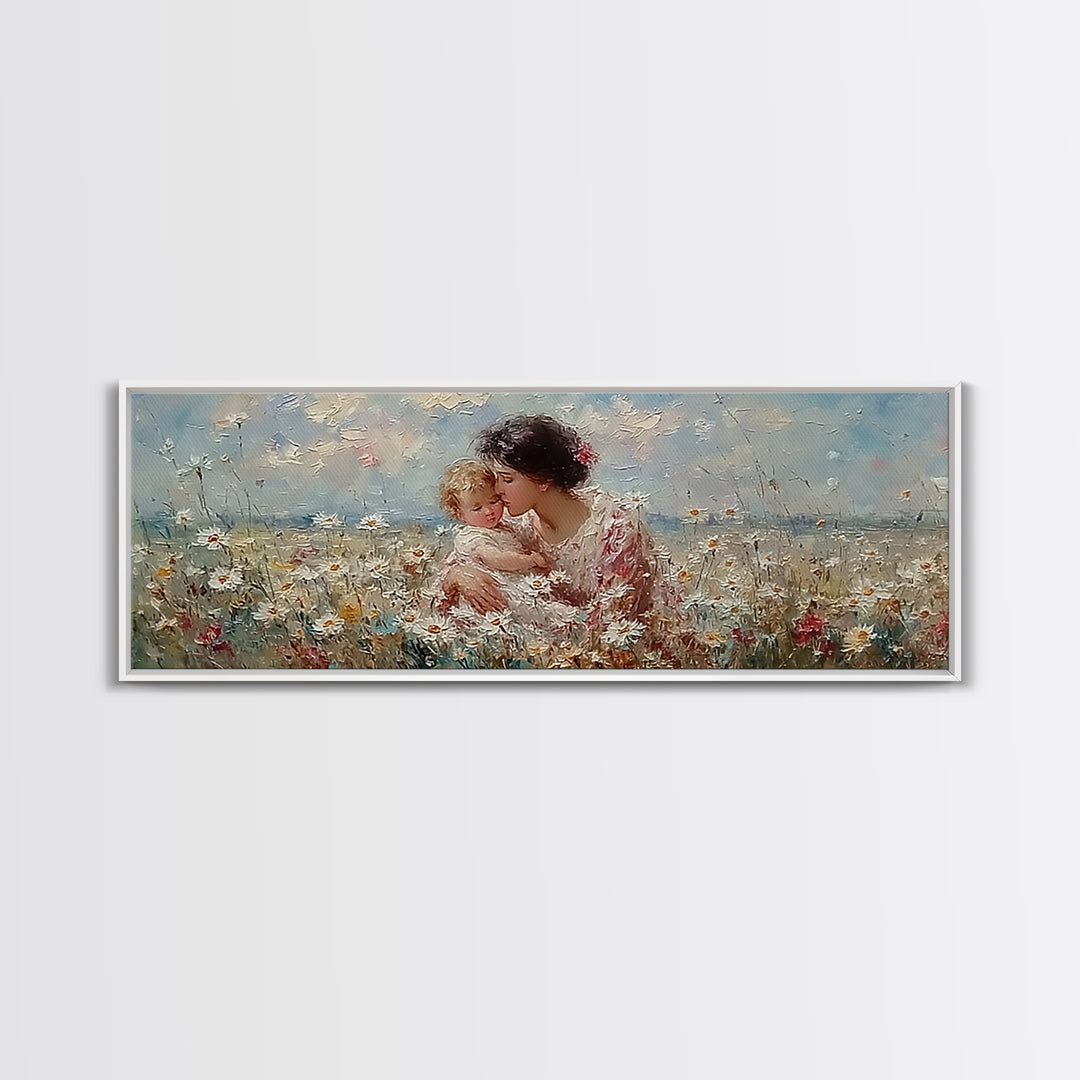Tender Mother And Child Embrace In Daisy Field Framed Canvas Print, Floral Wall Art, Feminine Nursery Decor Gift For Her