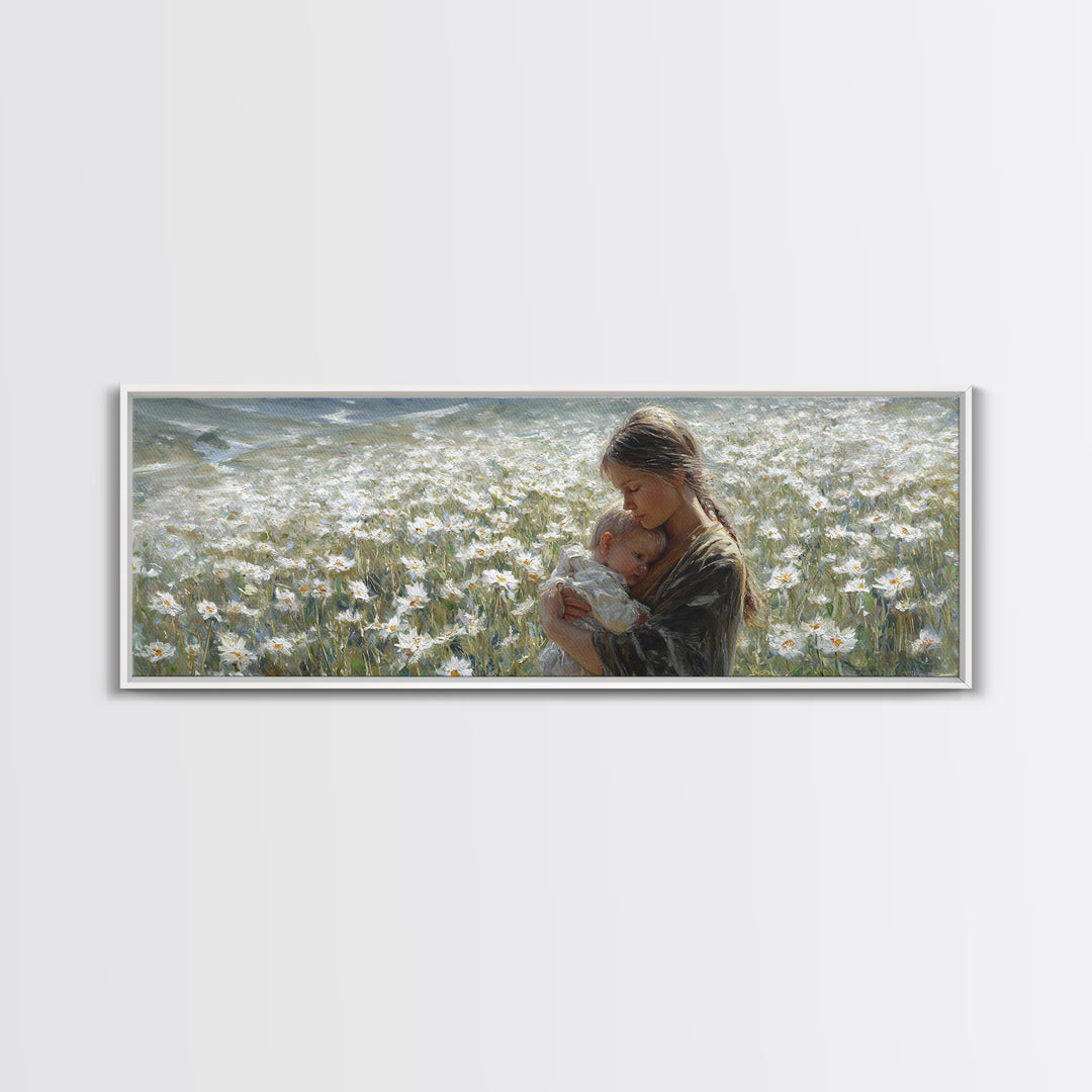 Peaceful Mother Cradling Baby In White Daisy Meadow Canvas Print, Nature Wall Art, Feminine Nursery Decor Gift For New Mom