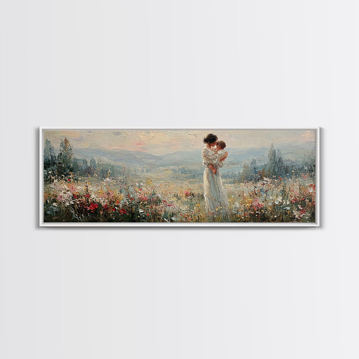 Mother Holding Infant Above Misty Floral Valley Canvas Print, Landscape Wall Art, Romantic Bedroom Decor Housewarming Gift