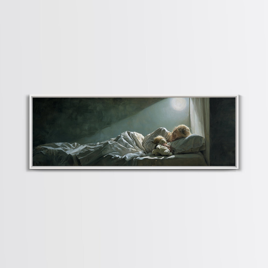 Moonlit Mother And Child Sleeping Beside Teddy Bear Canvas Print, Calming Wall Art, Nursery Bedroom Decor Gift For New Mom