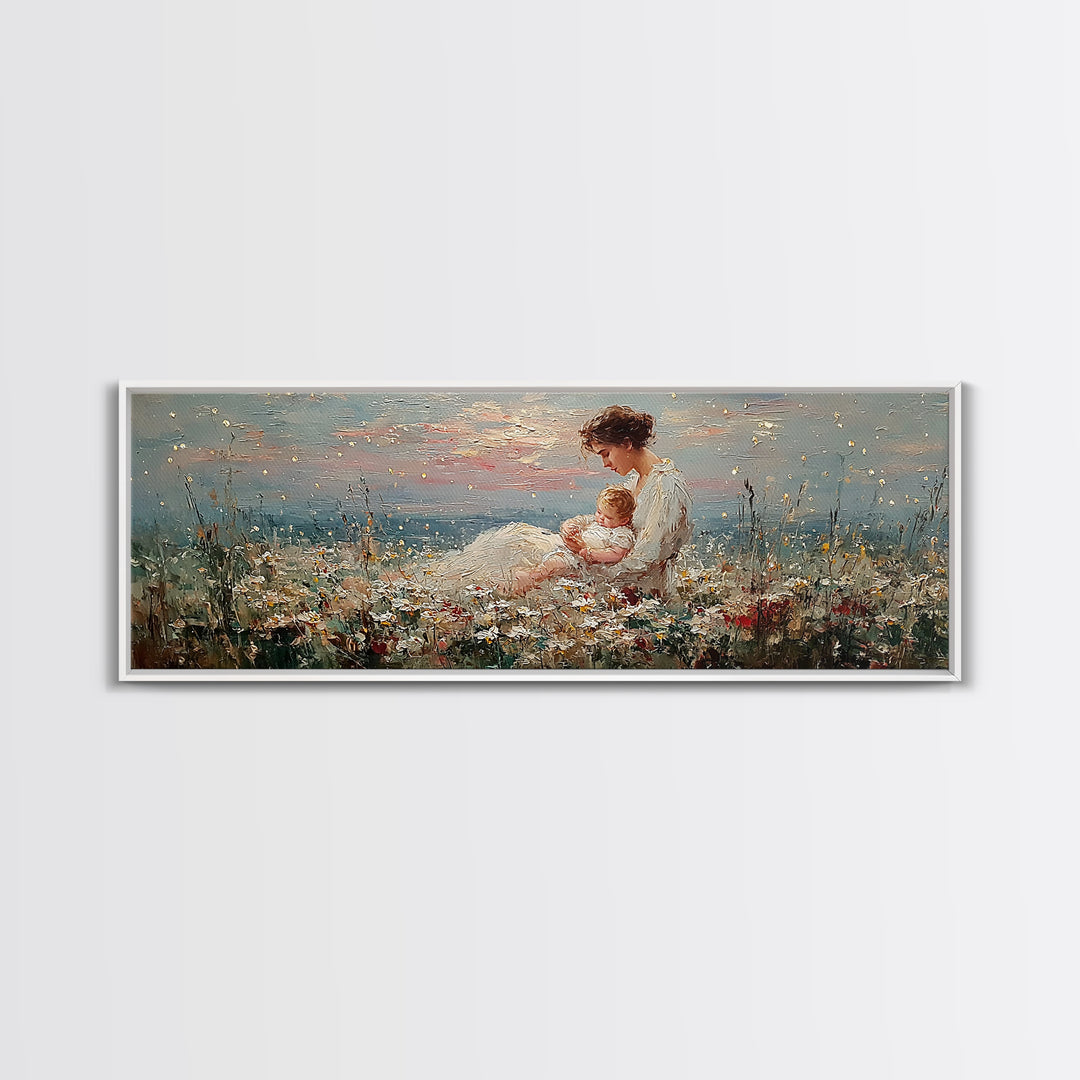 Mother And Baby Wildflower Meadow Wall Art, Angelic Nursery Decor, Feminine Fine Art Print, Gift For Mom, Living Room Decor