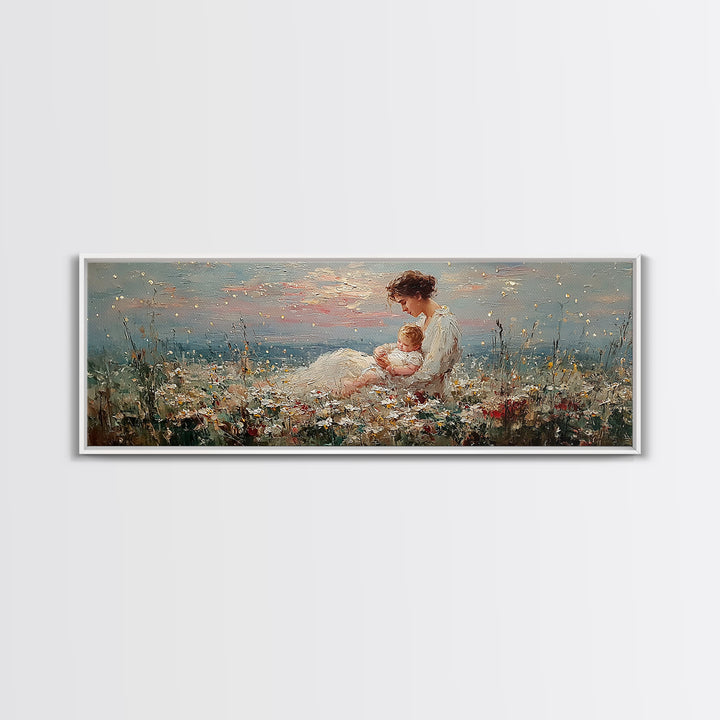 Mother And Baby Wildflower Meadow Wall Art, Angelic Nursery Decor, Feminine Fine Art Print, Gift For Mom, Living Room Decor