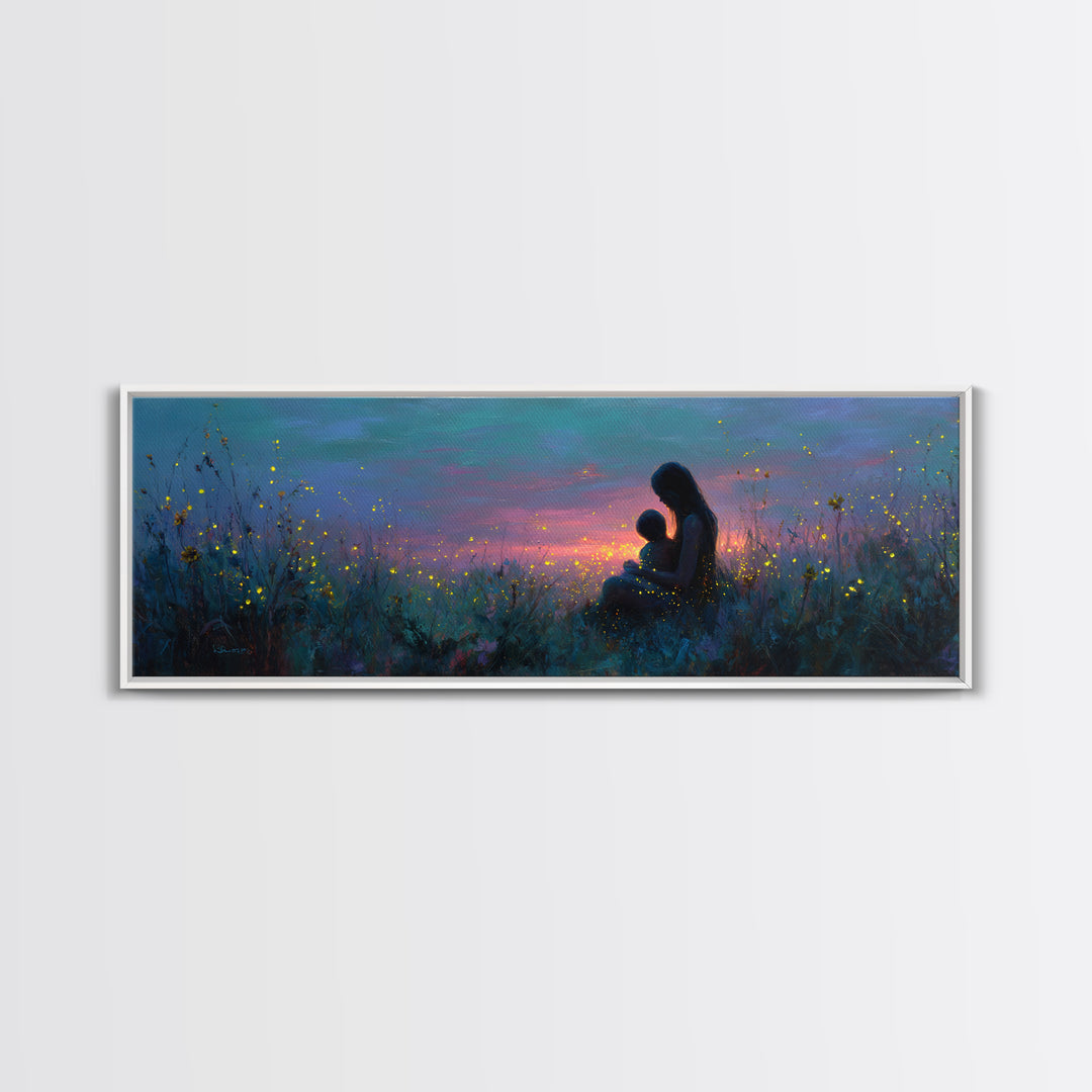 Mother And Child Twilight Meadow Canvas Print, Celestial Firefly Wall Decor, Boho Nursery Art, Gift For Mom, Bedroom Decor