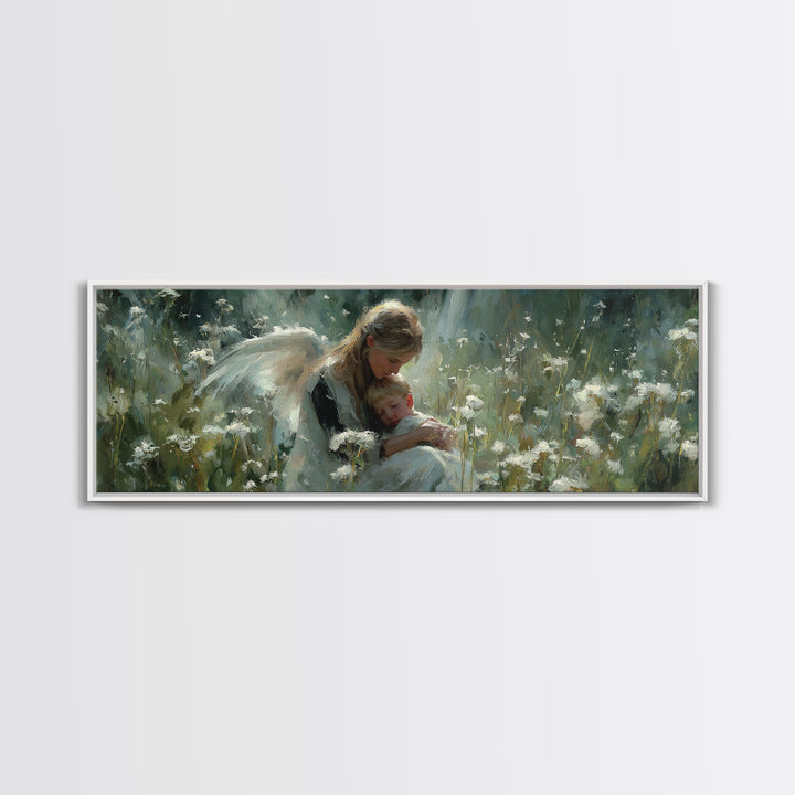 Blonde Guardian Angel With Baby Wall Art, Serene Wildflower Meadow Canvas Print, Christian Nursery Decor, Gift For Her, Home Decor