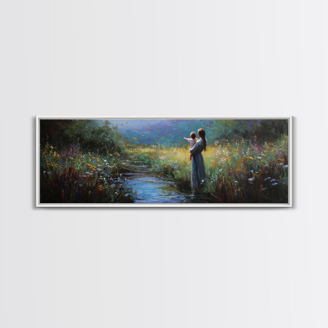 Mother And Child Beside Moonlit Stream Wall Art, Firefly Meadow Canvas Print, Spiritual Nursery Decor, Gift For Mom, Home Decor