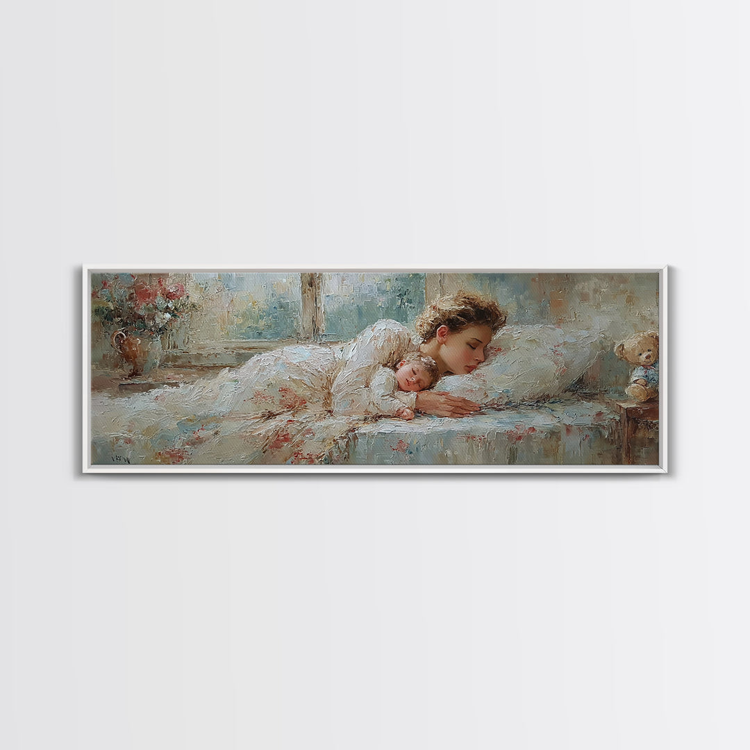 Sleeping Mother And Baby In Soft Light Wall Art, Tender Nursery Decor, Bedroom Canvas, Gift For Mom, Motherhood Art Print
