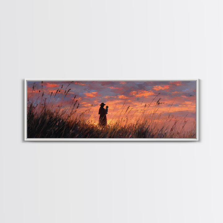 Silhouette Mother Holding Baby At Fiery Sunset Wall Art, Moody Landscape Painting, Gift For Her, Warm Bedroom Decor Canvas Print