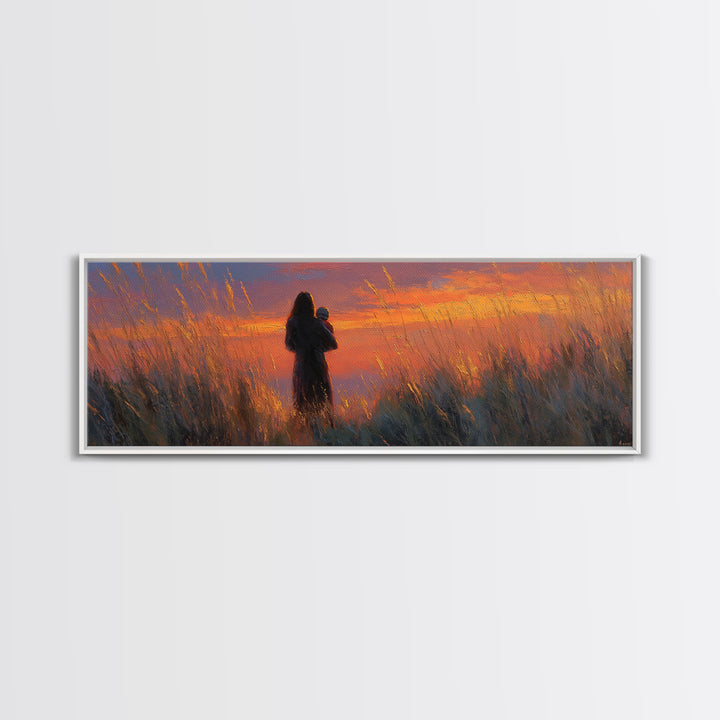 Mother And Baby Silhouette In Golden Field Wall Art, Sunset Landscape Painting, Warm Home Decor, Gift For Mom, Canvas Print