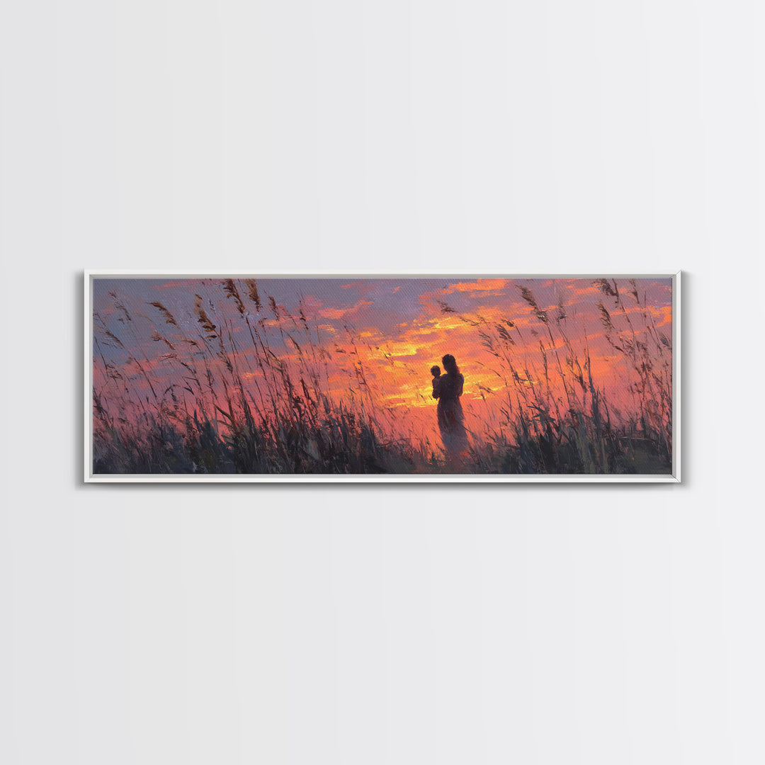 Mother Holding Baby At Rose Sunset Framed Canvas Print, Romantic Nursery Wall Art, Calming Bedroom Decor, Gift For Her And Mom