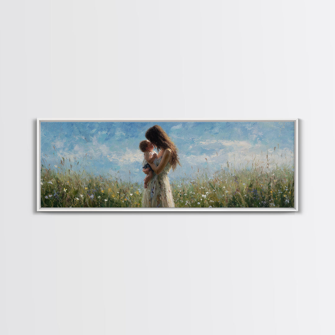 Mother Holding Baby In Wildflower Meadow Wall Art, Impressionist Floral Nursery Decor, Mothers Day Gift, Serene Living Room Print