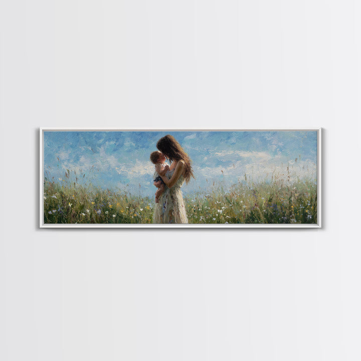 Mother Holding Baby In Wildflower Meadow Wall Art, Impressionist Floral Nursery Decor, Mothers Day Gift, Serene Living Room Print