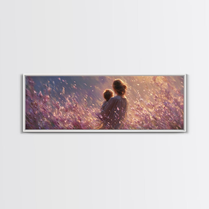 Mother Holding Child In Purple Wildflower Meadow Framed Canvas Print, Romantic Floral Wall Art, Nursery Decor, Gift For Mom