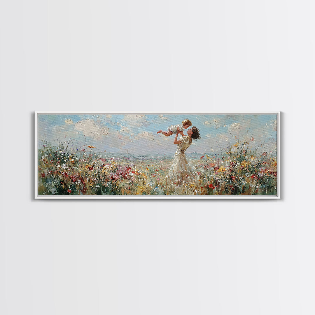 Mother Lifting Baby By Seaside Wildflowers Wall Art, Impressionist Coastal Canvas Print, Nursery Decor, Mothers Day Gift