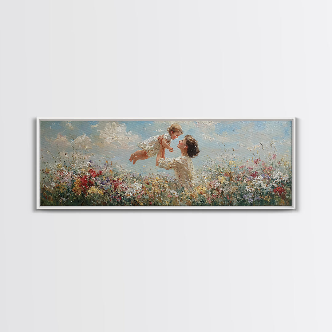 Mother Tossing Baby Above Wildflower Meadow Framed Canvas Print, Joyful Floral Wall Art, Nursery Decor, Mothers Day Gift