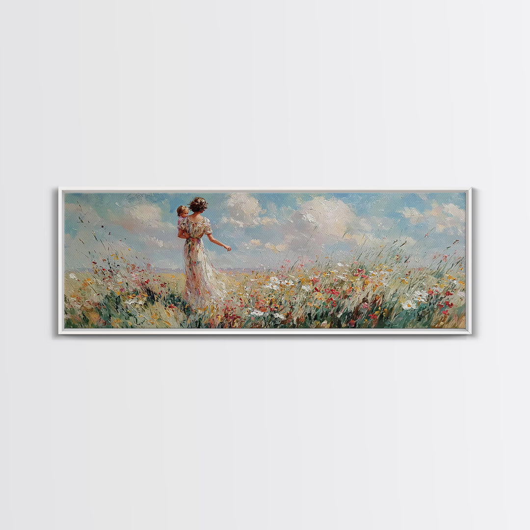 Mother Carrying Baby Through Wildflower Meadow Wall Art, Impressionist Landscape Canvas Print, Nursery Decor, Gift For Mom