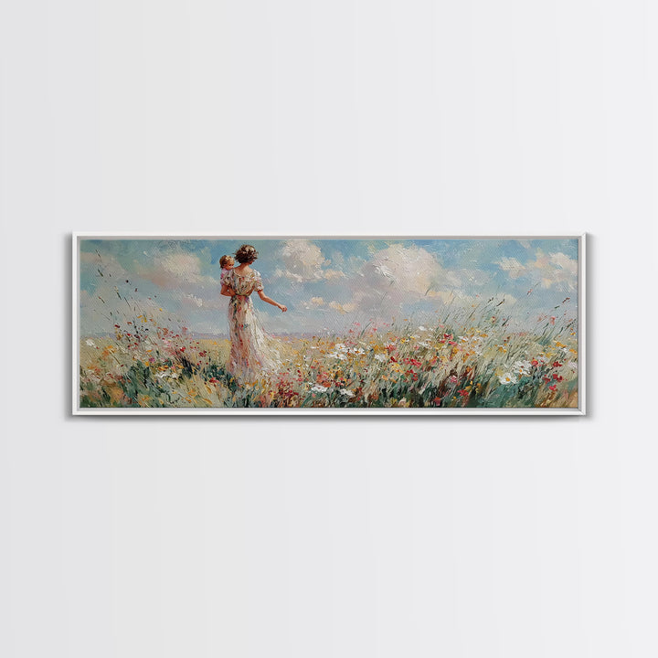 Mother Carrying Baby Through Wildflower Meadow Wall Art, Impressionist Landscape Canvas Print, Nursery Decor, Gift For Mom