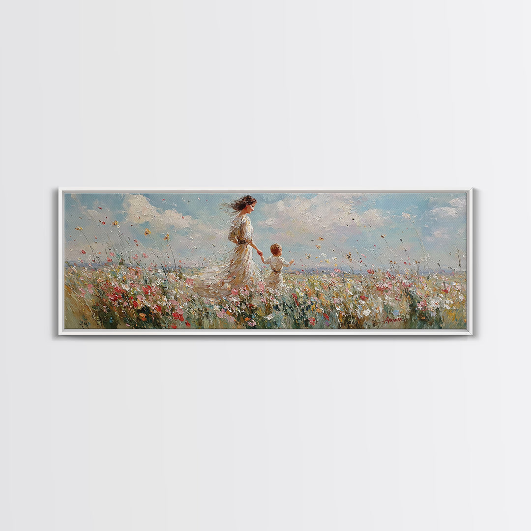 Mother And Child Walking Through Wildflowers Wall Art, Impressionist Meadow Canvas Print, Nursery Decor Gift For Mom And Her