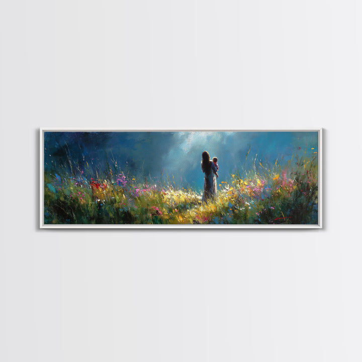 Moonlit Mother Holding Baby In Wildflower Meadow Wall Art, Impressionist Canvas Print, Nursery Decor Gift For Mom And Her