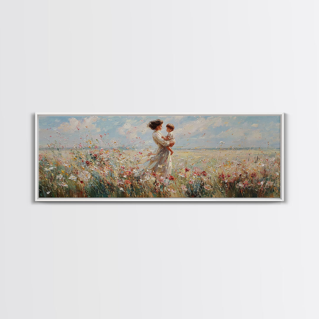 Mother Embracing Child In Breezy Wildflower Field Wall Art, Impressionist Canvas Print, Feminine Nursery Decor Gift For Mom