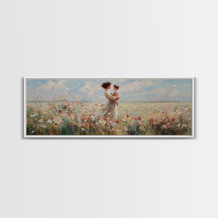 Mother Embracing Child In Breezy Wildflower Field Wall Art, Impressionist Canvas Print, Feminine Nursery Decor Gift For Mom