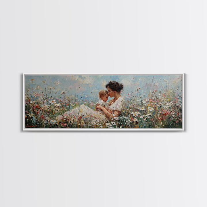 Seated Mother Cuddling Baby Among Wildflowers Wall Art, Impressionist Floral Canvas Print, Nursery Decor Gift For Mom And Her
