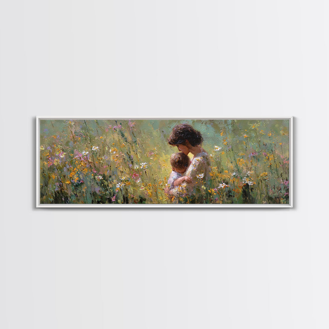 Mother Snuggling Baby In Golden Wildflower Meadow Wall Art, Impressionist Canvas Print, Feminine Nursery Decor Gift For Mom
