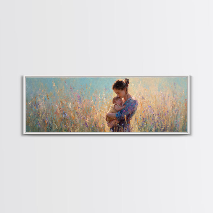 Mother Holding Newborn In Pastel Meadow Wall Art, Impressionist Floral Canvas Print, Baby Nursery Decor Gift For Mom And Her