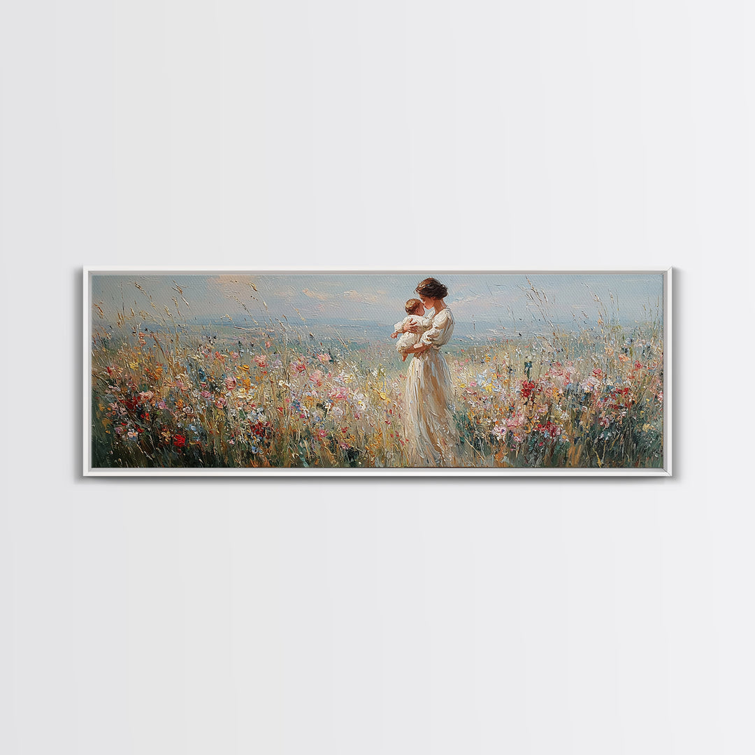 Mother And Baby In Wildflower Meadow Wall Art, Panoramic Canvas Print For Nursery Decor, Feminine Bedroom, Gift For Mom Art