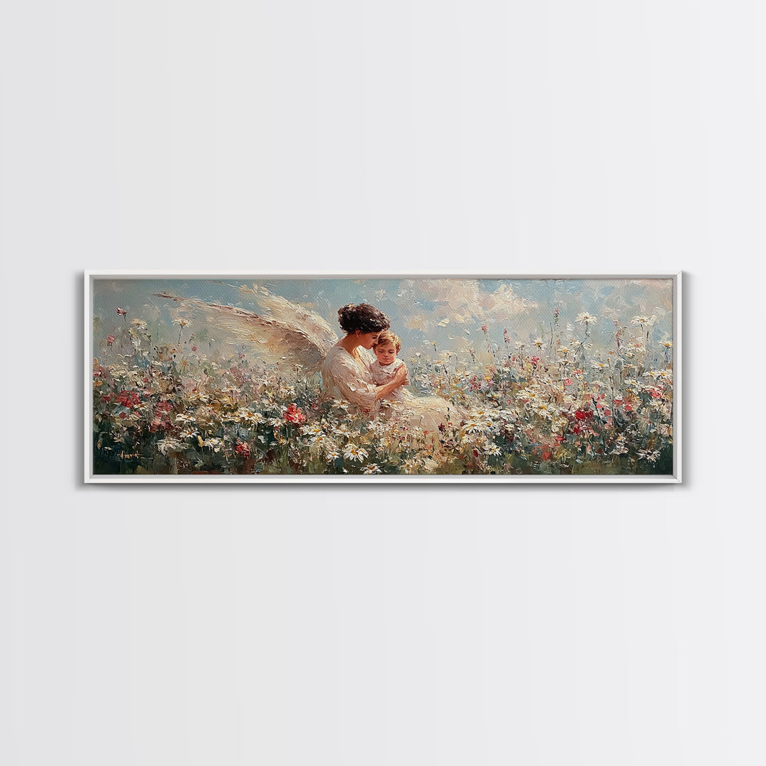 Angel Mother With Toddler In Daisy Meadow Wall Art, Panoramic Framed Canvas Print, Celestial Nursery Decor, Gift For Mom