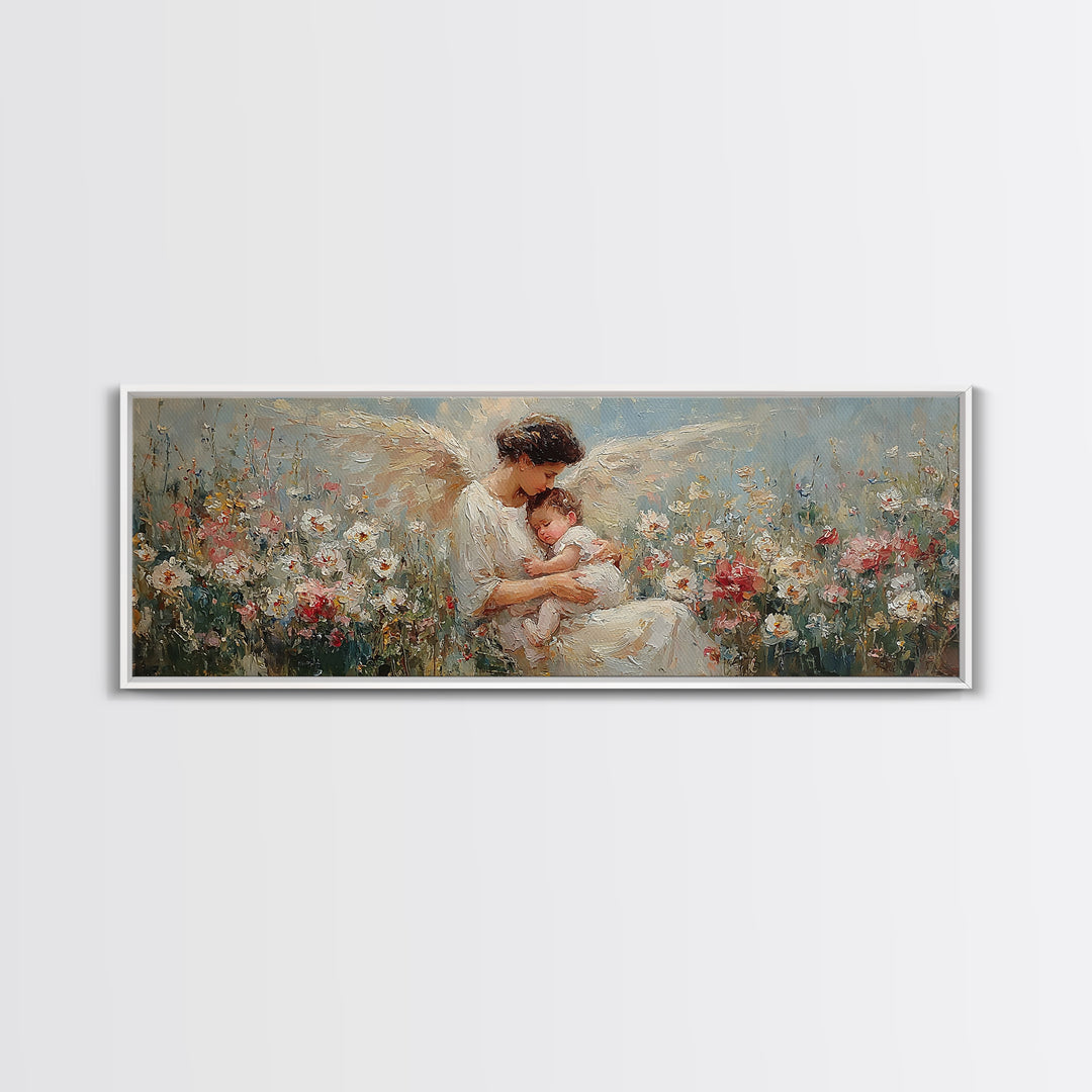 Tender Angel Mother Holding Baby In Flower Meadow Canvas Print, Christian Nursery Art, Mother's Day Gift, Peaceful Wall Art