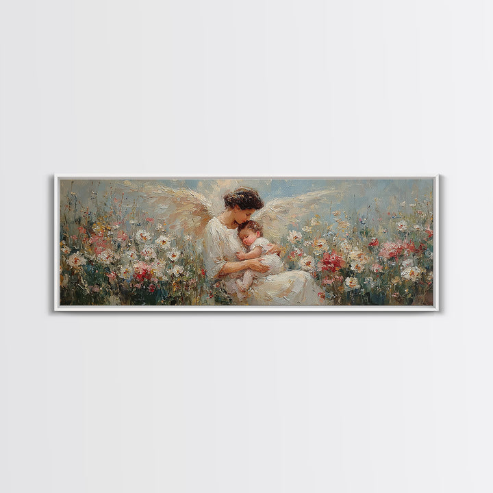 Tender Angel Mother Holding Baby In Flower Meadow Canvas Print, Christian Nursery Art, Mother's Day Gift, Peaceful Wall Art