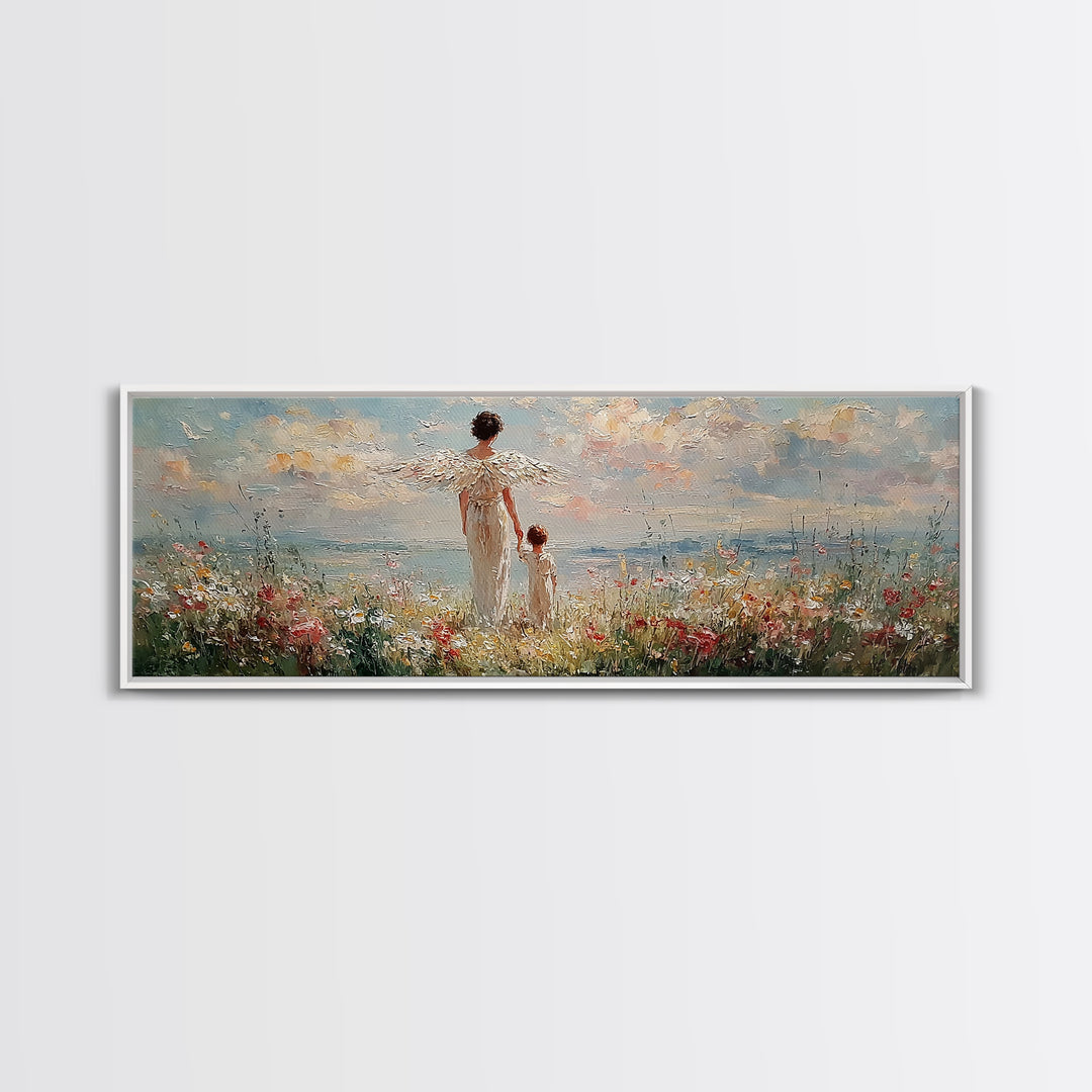 Angel Mother And Child Beside Ocean Meadow Large Wall Art, Coastal Christian Decor, Nursery Canvas Art, Housewarming Gift