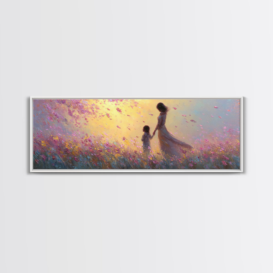 Mother And Child Walking Through Pink Petal Meadow Canvas Print, Feminine Wall Art, Nursery Decor, Gift For Her, Home Decor