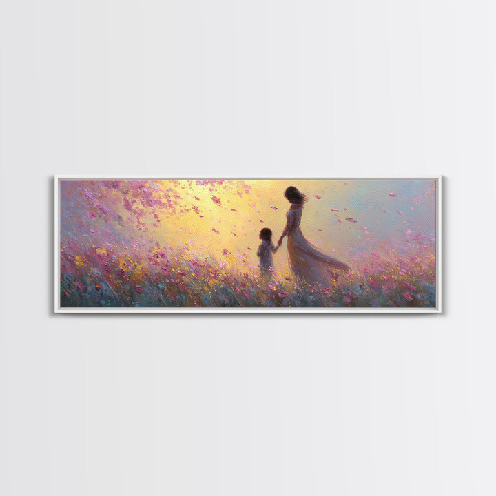 Mother And Child Walking Through Pink Petal Meadow Canvas Print, Feminine Wall Art, Nursery Decor, Gift For Her, Home Decor