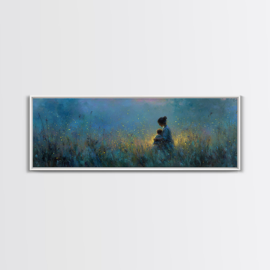 Twilight Mother Holding Baby Among Fireflies Canvas Print, Blue Nursery Wall Art, Calming Cozy Bedroom Decor, Gift For Mom