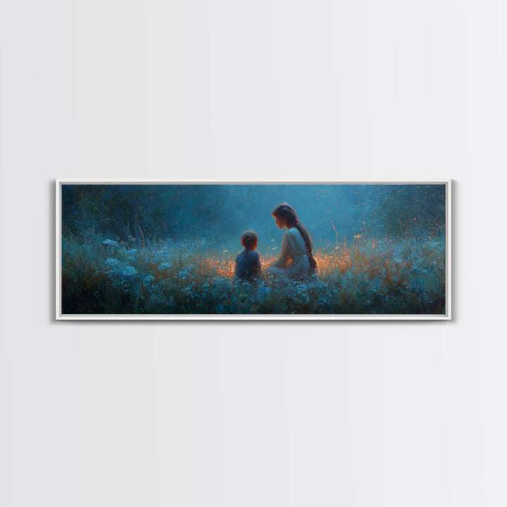Blue Twilight Mother And Child In Wildflower Meadow Large Wall Art, Serene Nursery Decor, Christian Gift For Mom, Home Decor