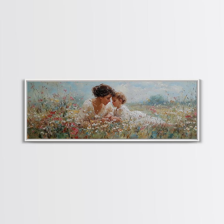 Mother And Baby In Blooming Garden Framed Canvas Print, Floral Wall Art, Nursery Decor, Gift For Mom, Living Room Wall Art