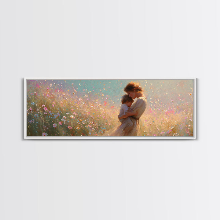 Golden Mother And Child In Pastel Wildflowers Canvas Print, Romantic Wall Art, Feminine Decor, Gift For Her, Above Bed Art