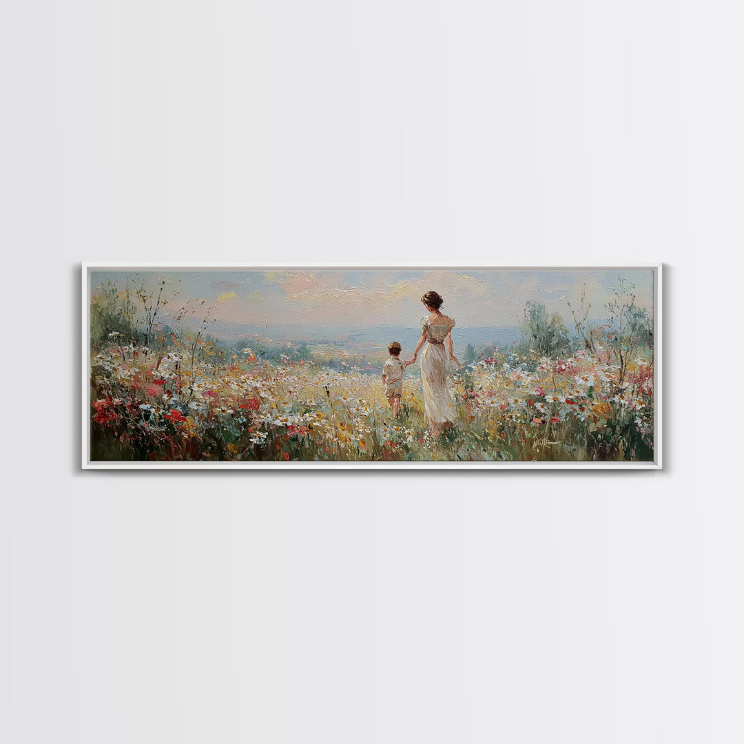 Mother And Child Walking Through Wildflower Meadow Wall Art, Panoramic Canvas Print, Coastal Decor, Nursery Art, Gift For Mom