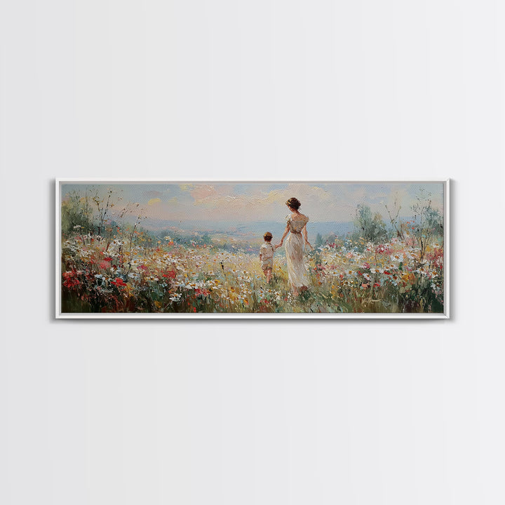 Mother And Child Walking Through Wildflower Meadow Wall Art, Panoramic Canvas Print, Coastal Decor, Nursery Art, Gift For Mom