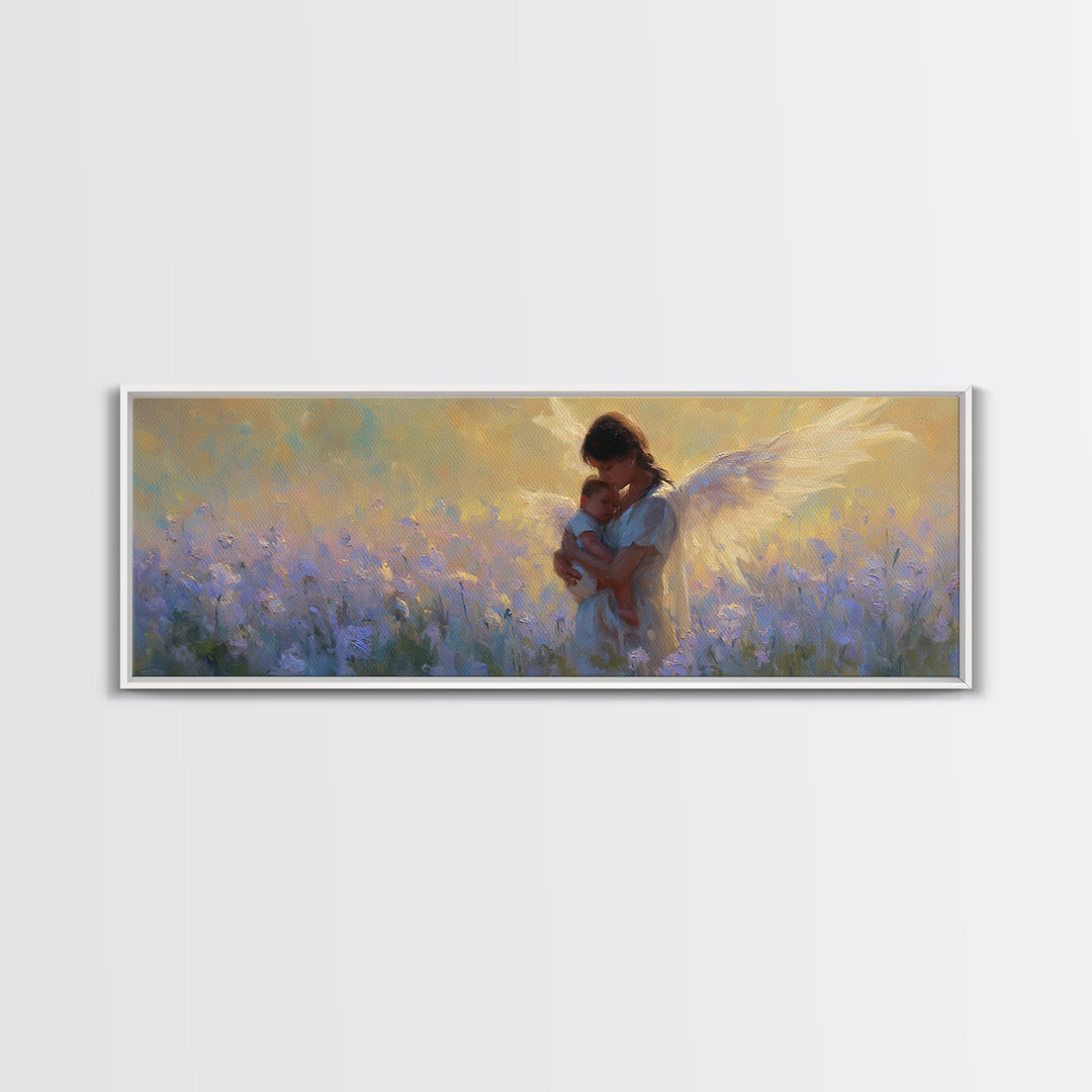 Guardian Angel Mother And Baby In Lavender Field Framed Canvas Print, Christian Wall Art, Nursery Decor, Gift For Mom, Home Decor