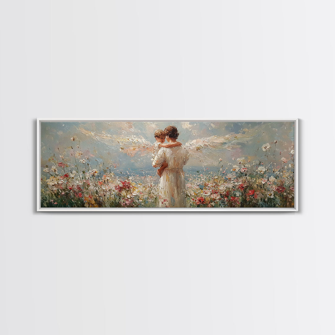Angel Mother Embracing Child In Flower Garden Wall Art, Textured Oil Painting Framed Canvas Print, Christian Home Decor Gift