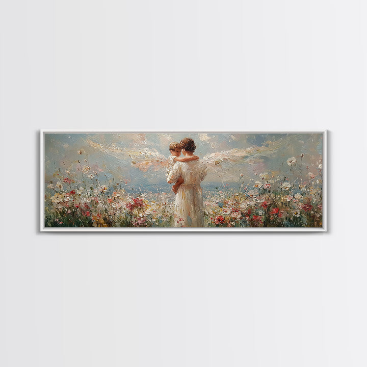 Angel Mother Embracing Child In Flower Garden Wall Art, Textured Oil Painting Framed Canvas Print, Christian Home Decor Gift