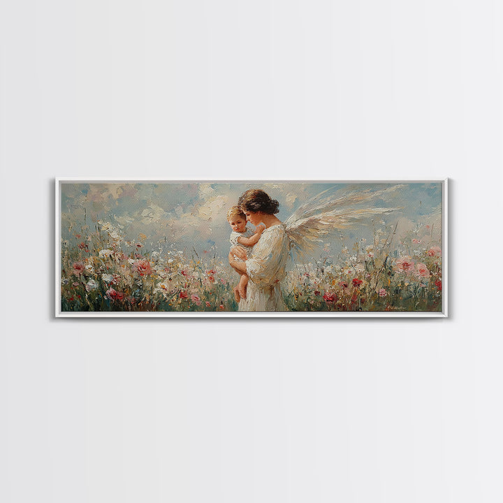 Angel Mother Holding Baby In Floral Meadow Canvas Print, Christian Wall Art, Guardian Angel Nursery Decor, Gift For Mom And Baby Shower Gift