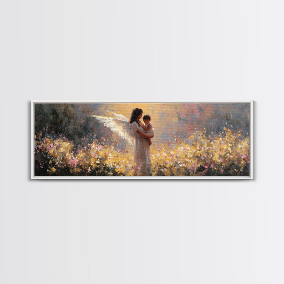 Glowing Angel Mother And Child In Flower Field Wall Art, Impressionist Framed Canvas Print, Christian Nursery Decor Gift