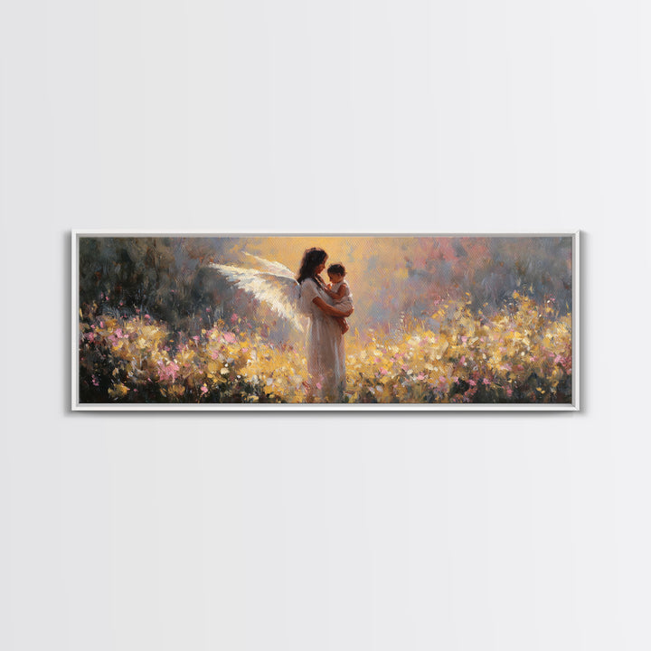 Glowing Angel Mother And Child In Flower Field Wall Art, Impressionist Framed Canvas Print, Christian Nursery Decor Gift