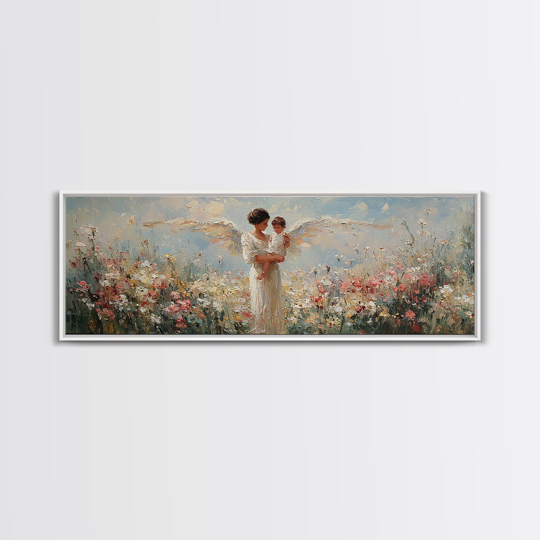 Angel Mother And Child Among White Flowers Framed Canvas Print, Christian Wall Art, Guardian Angel Nursery Decor, Gift For Mom