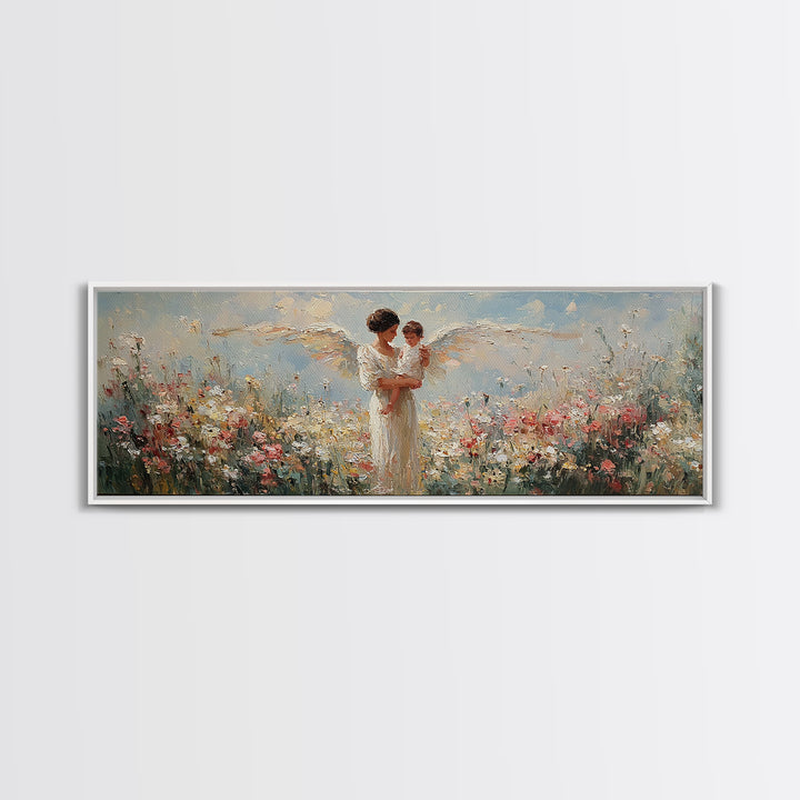 Angel Mother And Child Among White Flowers Framed Canvas Print, Christian Wall Art, Guardian Angel Nursery Decor, Gift For Mom