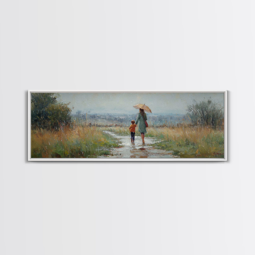 Mother And Child Walking In Rain Wall Art, Umbrella Country Path Landscape Canvas Print, Rustic Farmhouse Home Decor Gift
