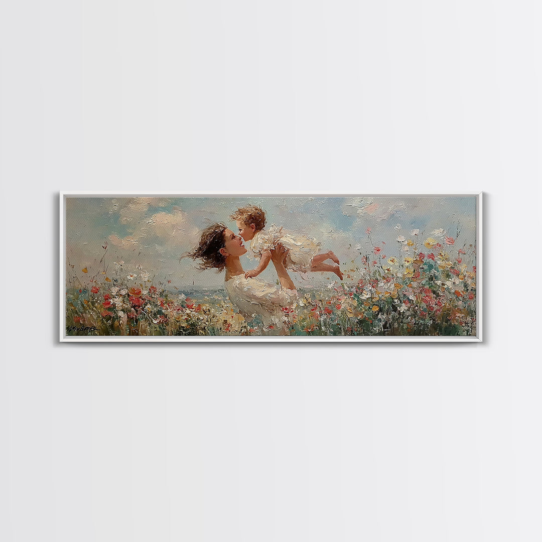 Mother And Baby In Wildflower Meadow Framed Canvas Print, Impressionist Nursery Wall Art, Gift For Mom, Bedroom Wall Decor
